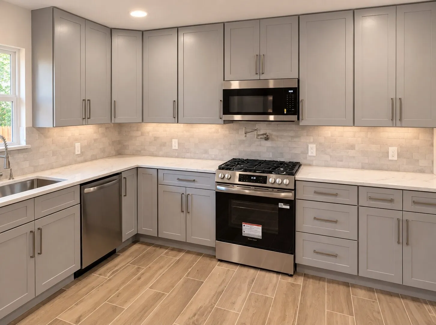 Kitchen featuring grey shaker-style cabinetry, light-toned stone countertops, stainless steel appliances, a tile backsplash, and wood-finish floor tiling