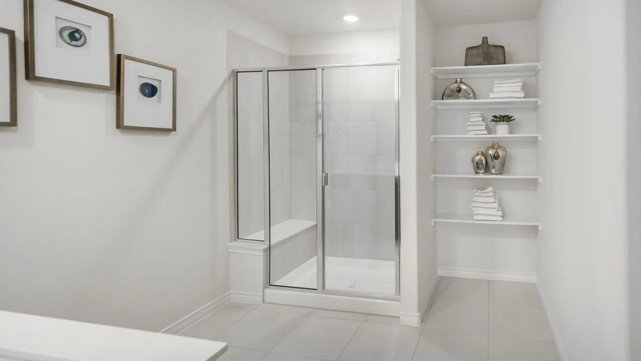 Glass-enclosed shower with a built-in bench and vertical tile surround