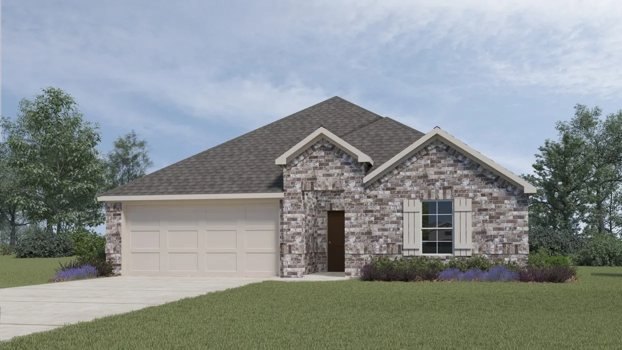 Multi-toned brick exterior featuring a hipped roofline, two front-facing gables, a two-car garage, and decorative window shutters