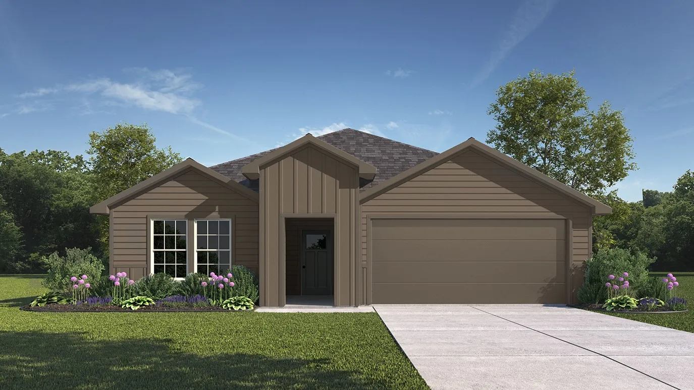 Single-story exterior featuring a horizontal and vertical siding facade, composite shingle roof, two-car garage, and concrete driveway