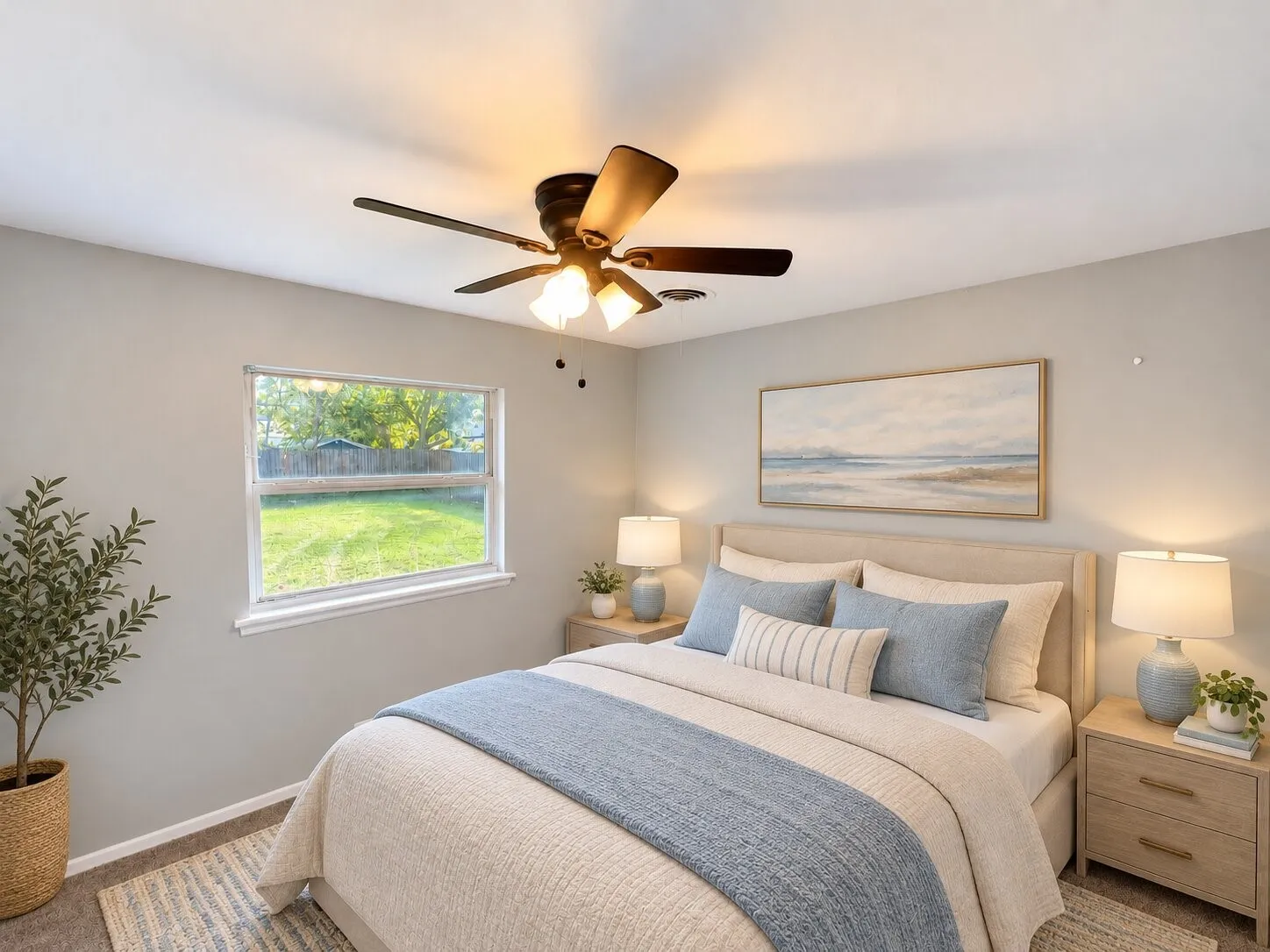 Neutral-toned interior featuring a multi-light ceiling fan with dark-finish blades and a single-hung window