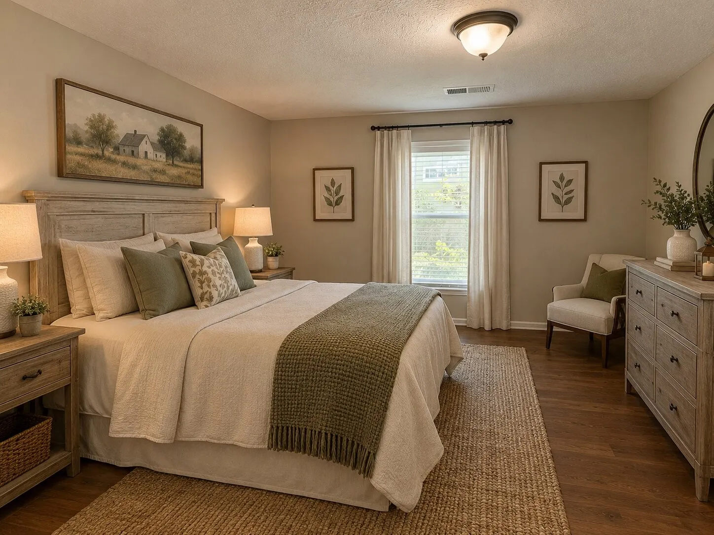 Wood-finish flooring, recessed window with blinds, and ceiling-mounted light fixture