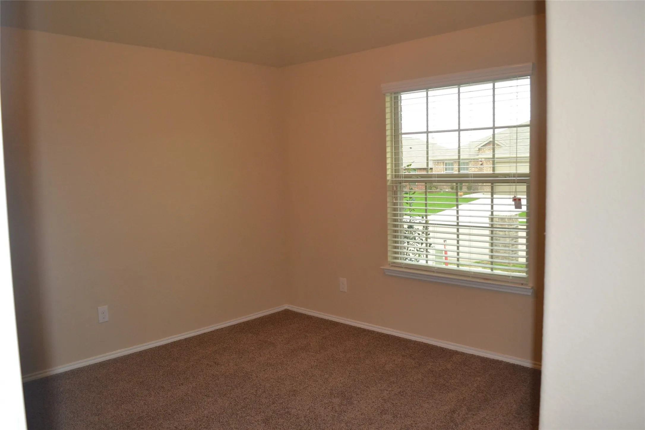 Neutral wall palette, wall-to-wall carpeting, and a double-pane window featuring a grid pattern and fitted blinds