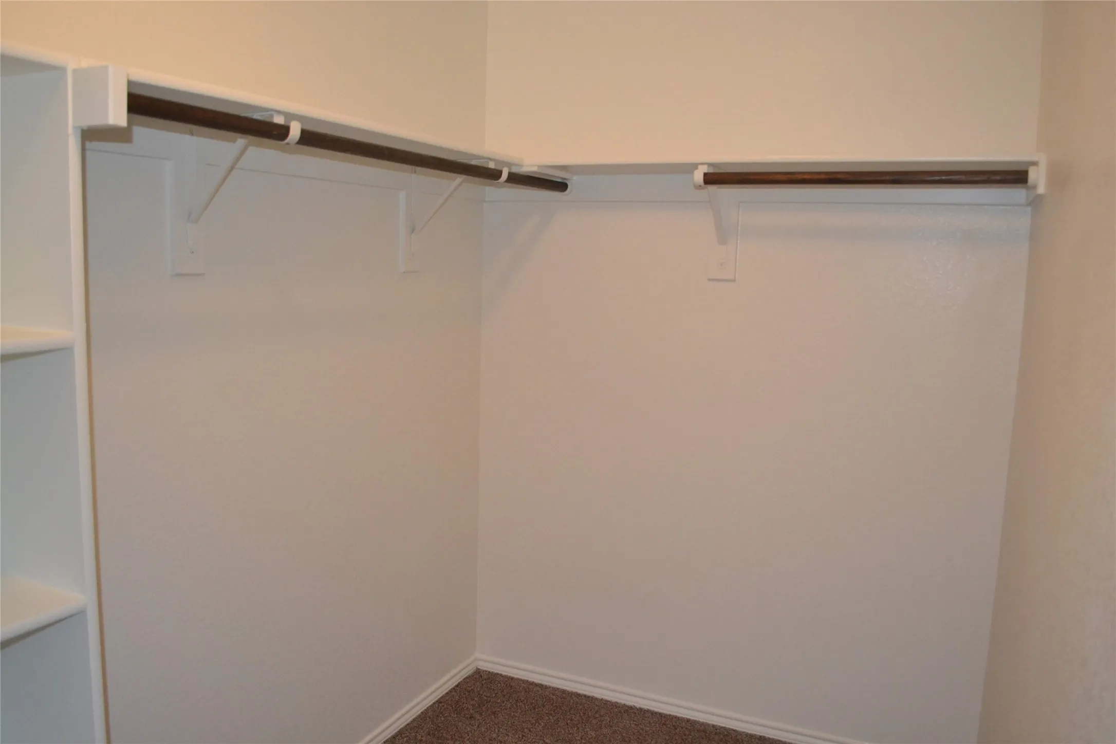 Storage area featuring wall-to-wall shelving, integrated horizontal hanging rods, and carpeted flooring