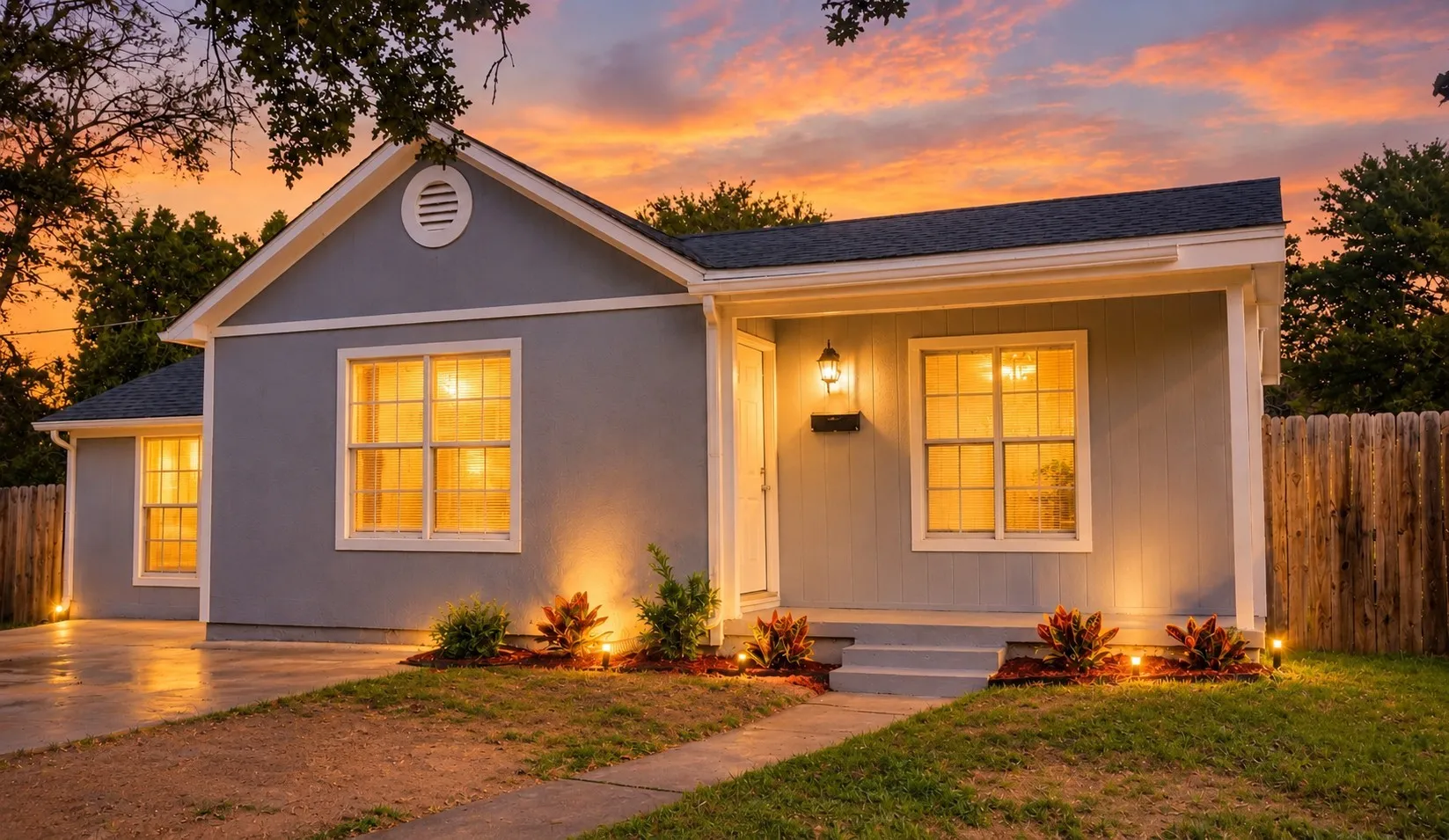 Single-story exterior featuring painted siding, a gabled roof, grid-pattern windows, a concrete driveway, and wood privacy fencing