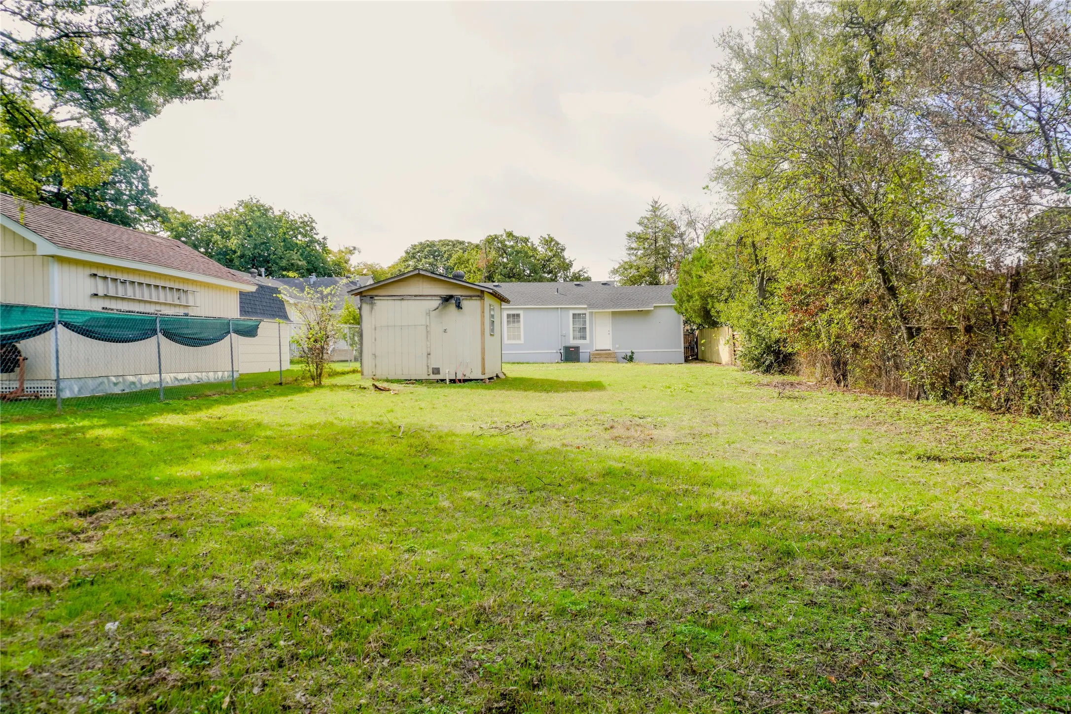 Expansive backyard featuring a lawn, mature perimeter trees, a detached storage structure, and a fenced boundary