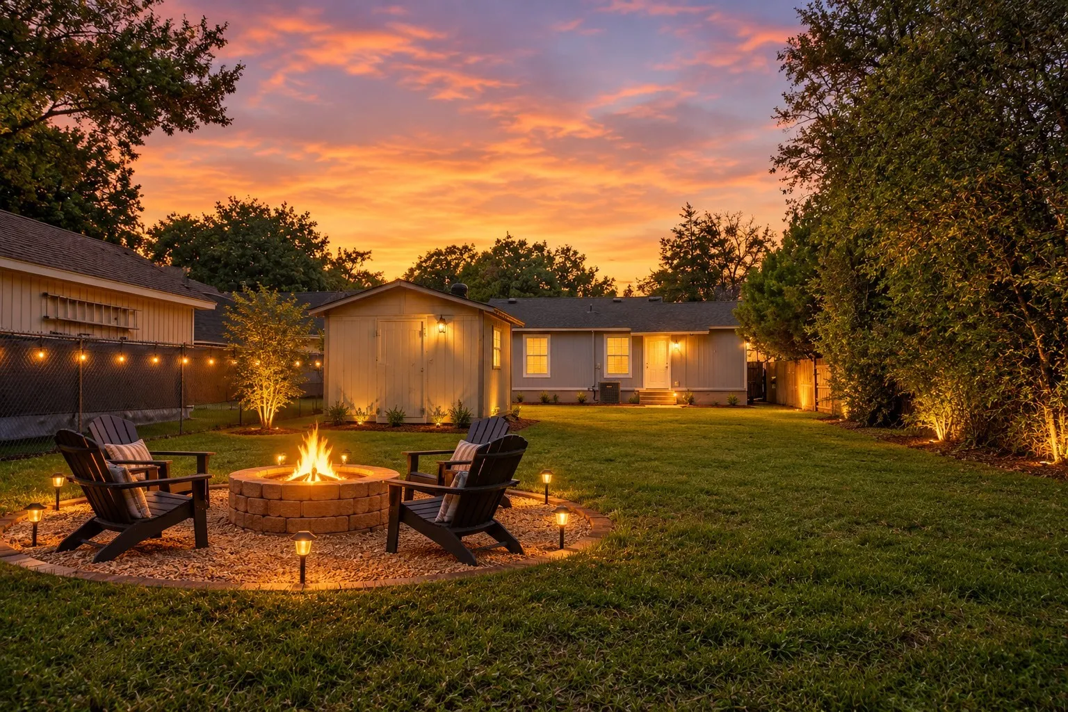 Expansive backyard featuring a circular stone fire pit, gravel ground cover, detached storage structure, perimeter landscape lighting, and a lawn