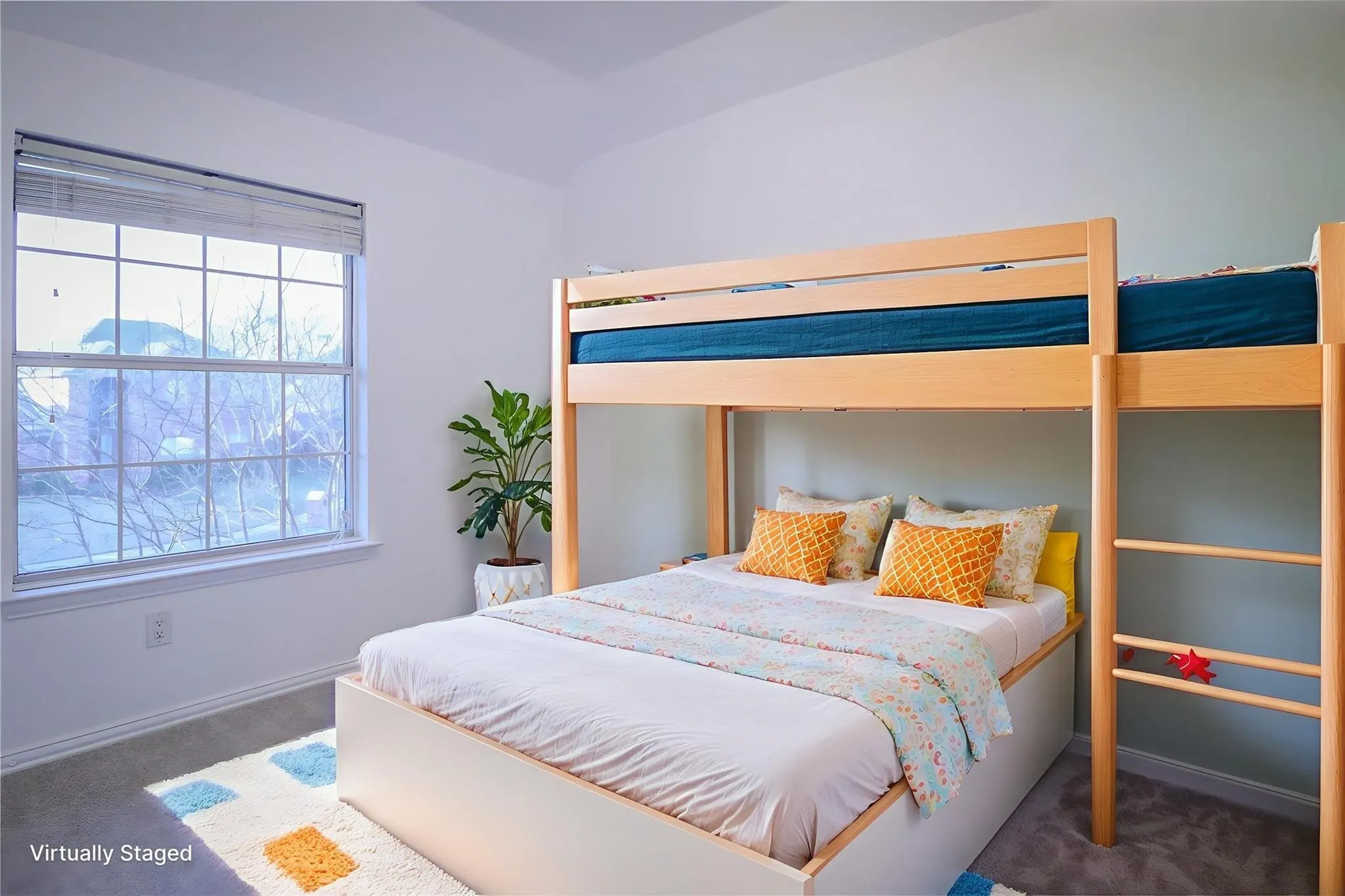 Neutral-toned interior space featuring a large multi-pane window with wood-finish casing and wall-to-wall carpeting