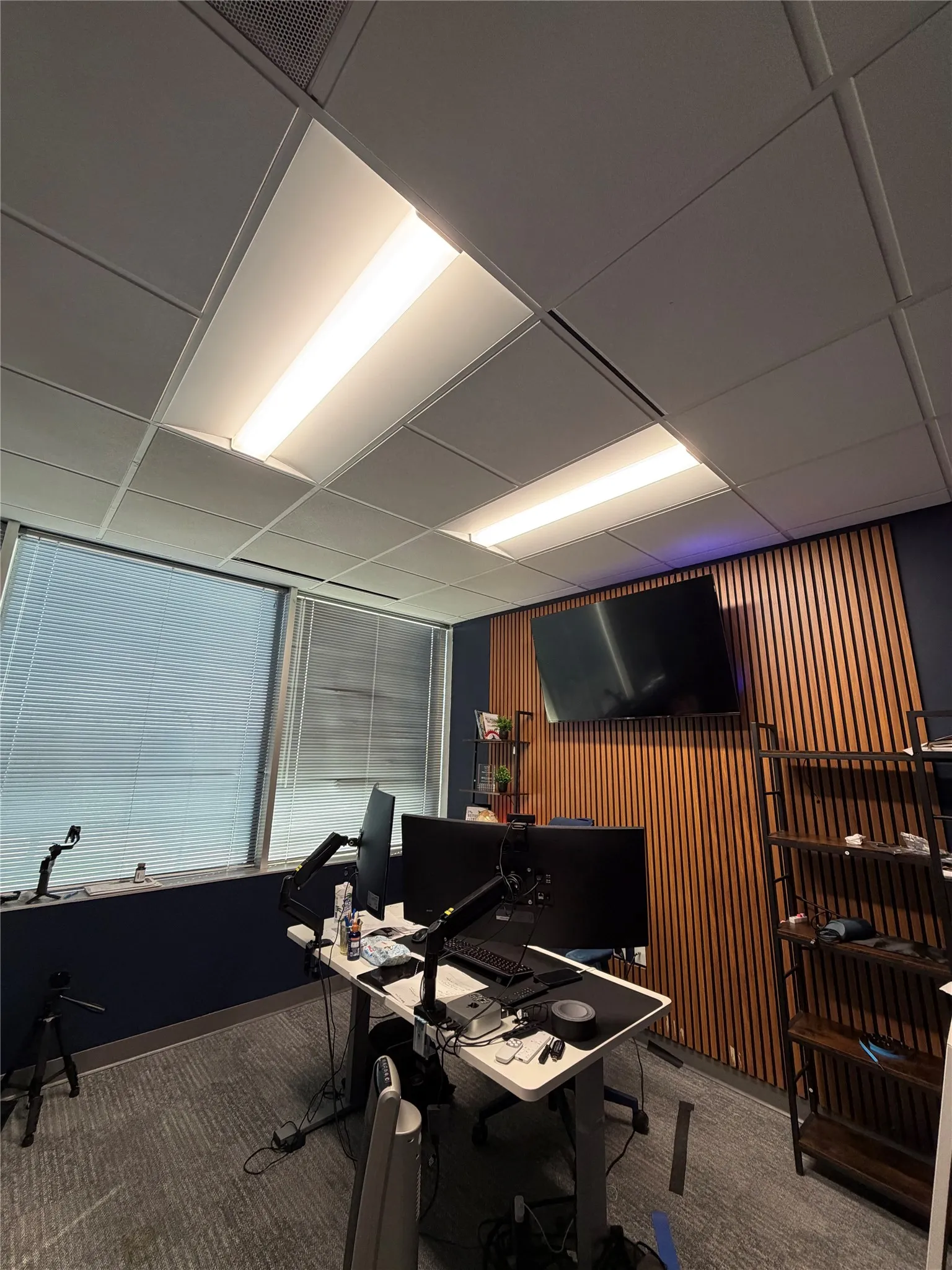 Sound-attenuating drop ceiling with integrated recessed lighting, vertical wood-slat accent wall, and expansive floor-to-ceiling windows with horizontal blinds
