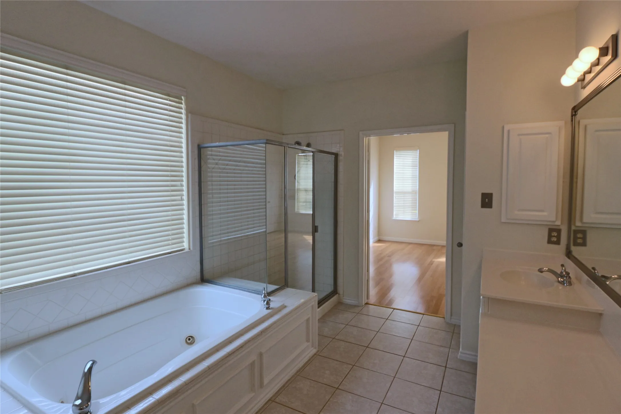 Primary bathroom with jetted tub, separate shower, his and hers vanities, medicine cabinet, and a large walking closet.