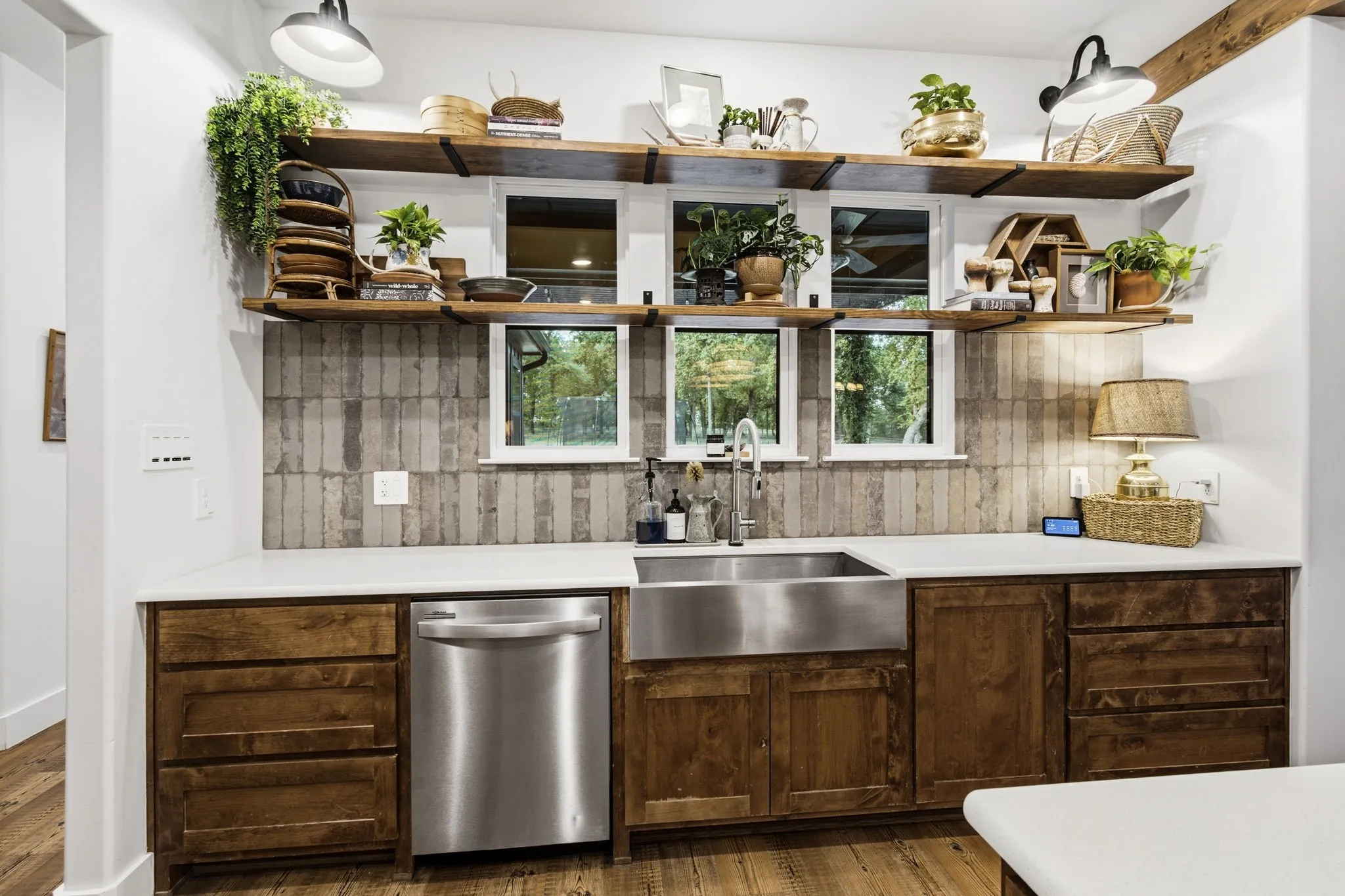 Open shelving and windows to the back property
