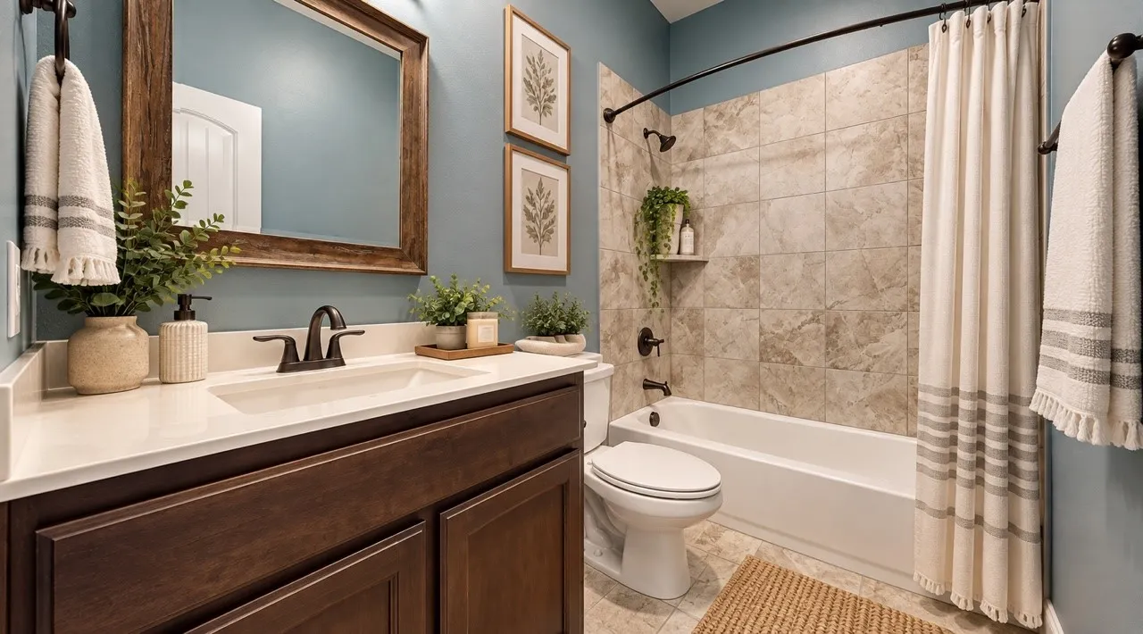 Bathroom featuring a dark wood-finish vanity with a light-toned countertop, oil-rubbed bronze plumbing fixtures, a framed mirror, and a tub-shower combination with floor-to-ceiling tile surround