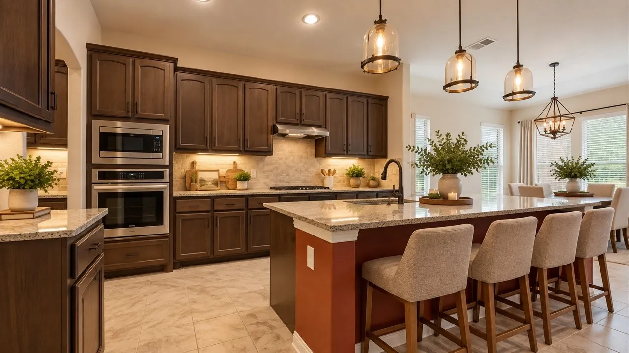 Kitchen featuring dark wood cabinetry, a central island with a stone countertop, built-in stainless steel double wall ovens, tile flooring, and multiple pendant light fixtures