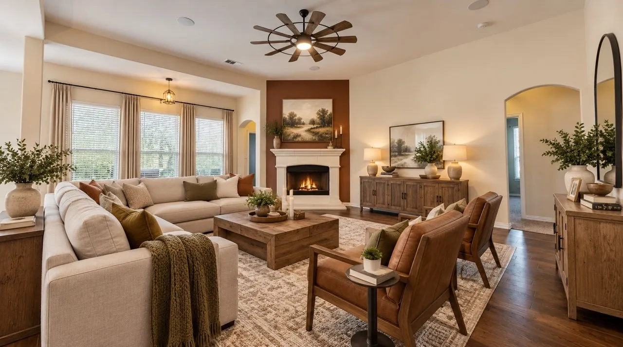 Living area featuring wood-finish flooring, a corner fireplace with a detailed mantel, a ceiling fan with multi-blade design, and arched entryways