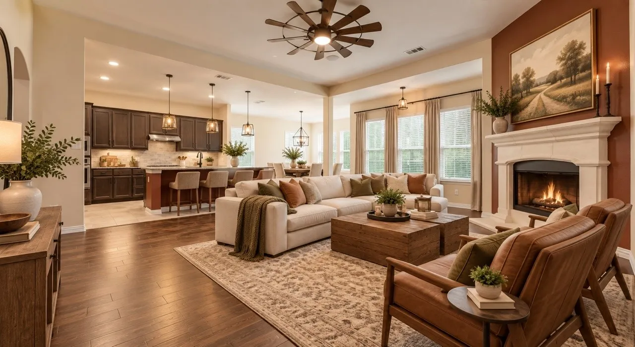 Open-concept interior featuring wood-finish flooring, a stone-surround fireplace with a detailed mantel, recessed lighting, and a kitchen equipped with dark-finish cabinetry