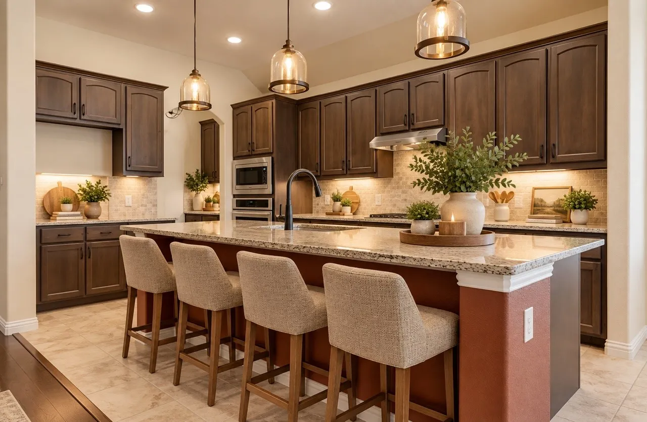 Kitchen featuring custom dark-toned cabinetry, light-toned stone countertops, a central island with an undermount sink, built-in stainless steel appliances, and pendant lighting