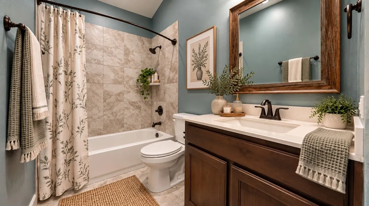 Bathroom featuring a wood-tone vanity with a rectangular sink, stone-finish tile tub surround, oil-rubbed bronze fixtures, and a framed mirror