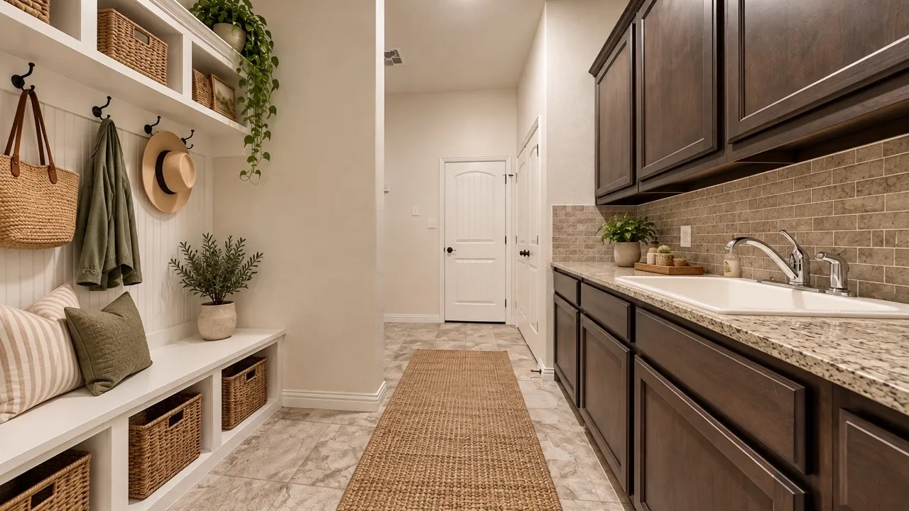 Built-in mudroom bench with beadboard wall paneling and overhead shelving, dark-finish cabinetry, stone-texture countertop, under-mount sink, and tile flooring