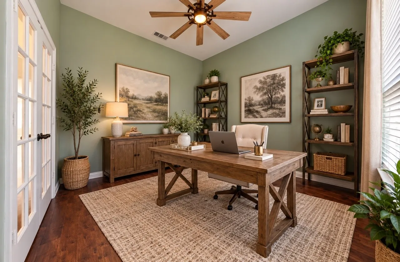 Room featuring wood-finish flooring, French doors with glass panes, and a ceiling-mounted fan with integrated lighting