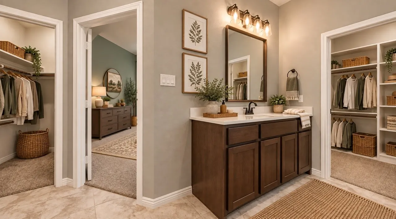 Bathroom vanity featuring a dark wood cabinet, white countertop with an integrated sink, matte black faucet, and rectangular mirror with a matching dark frame