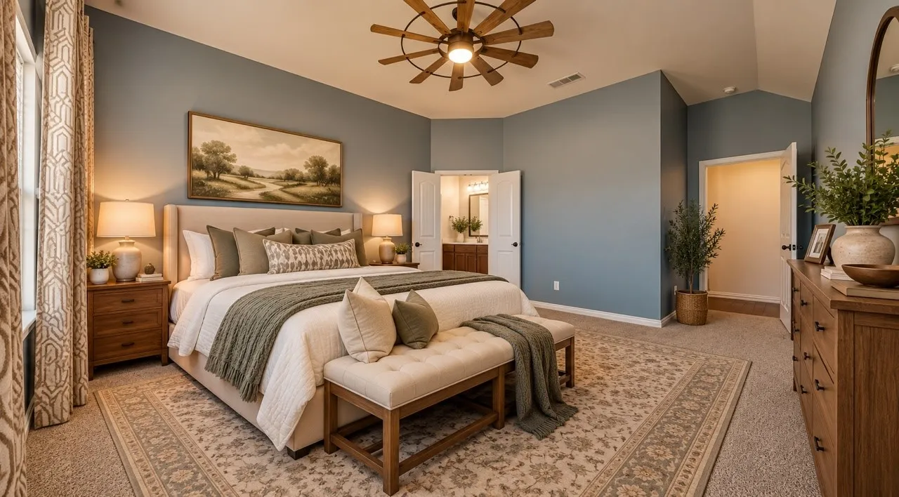 Vaulted ceilings with a multi-blade chandelier ceiling fan and wall-to-wall carpeting