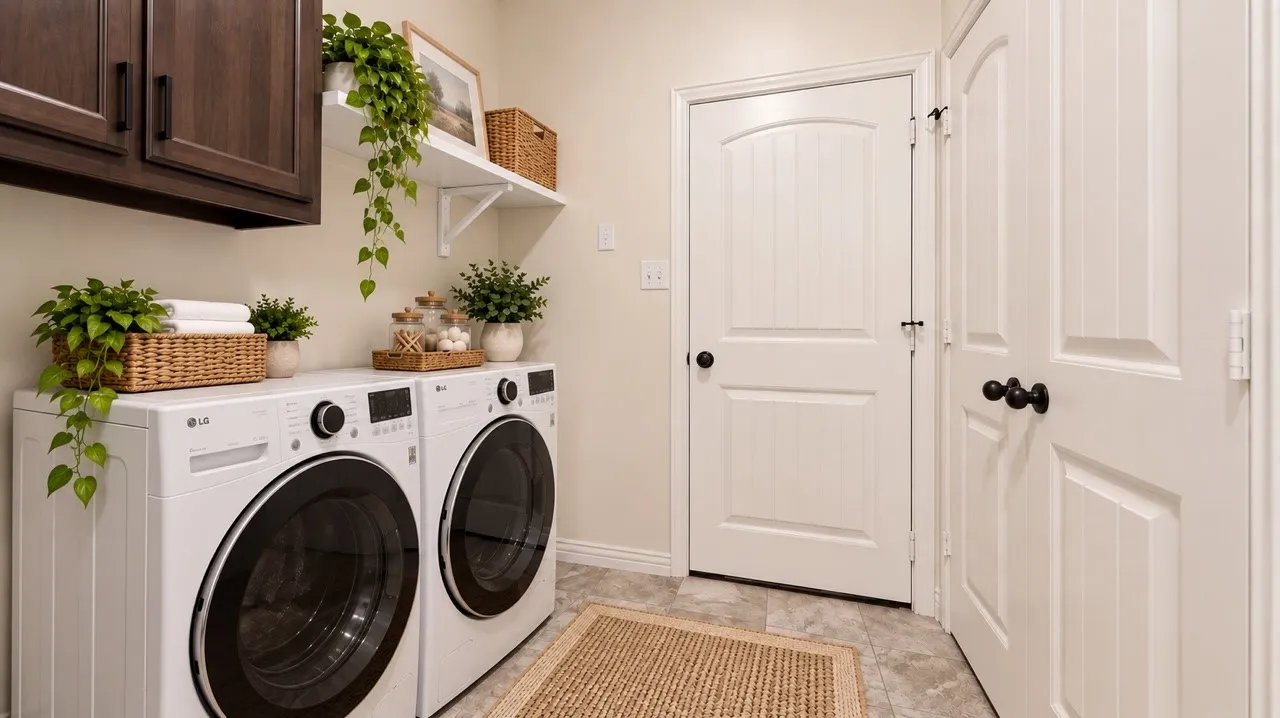 Laundry area featuring dark wood-finish wall cabinetry, a wall-mounted floating shelf, tile flooring, and two interior doors with matte black hardware