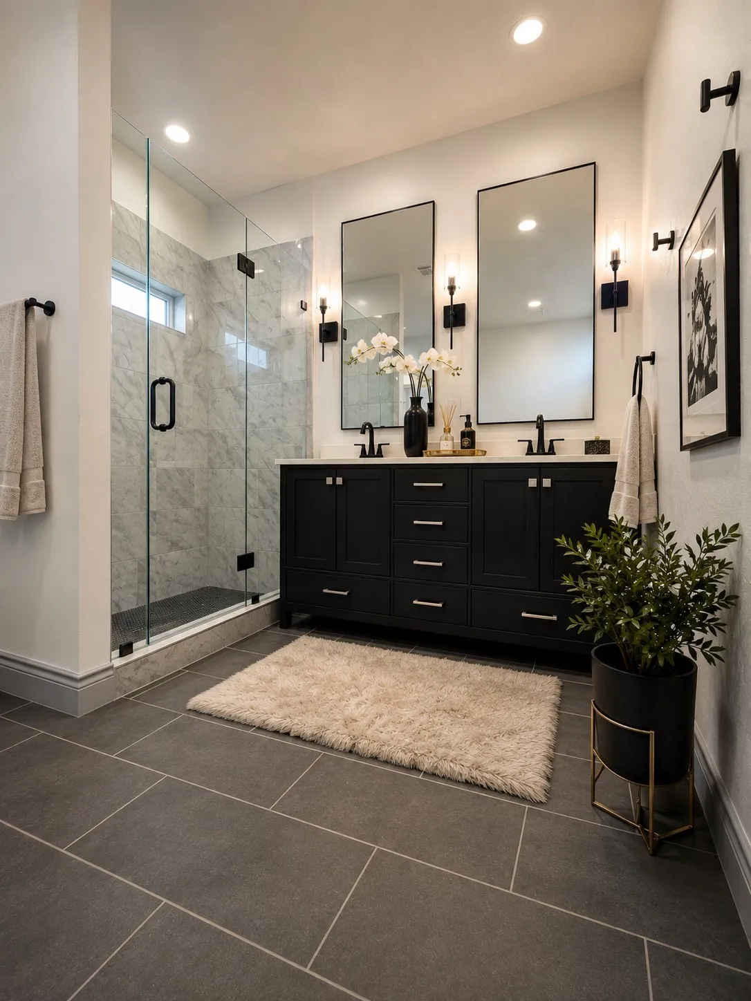 Double vanity featuring black cabinetry, light-toned countertop, and dual rectangular mirrors with matte black wall-mounted fixtures