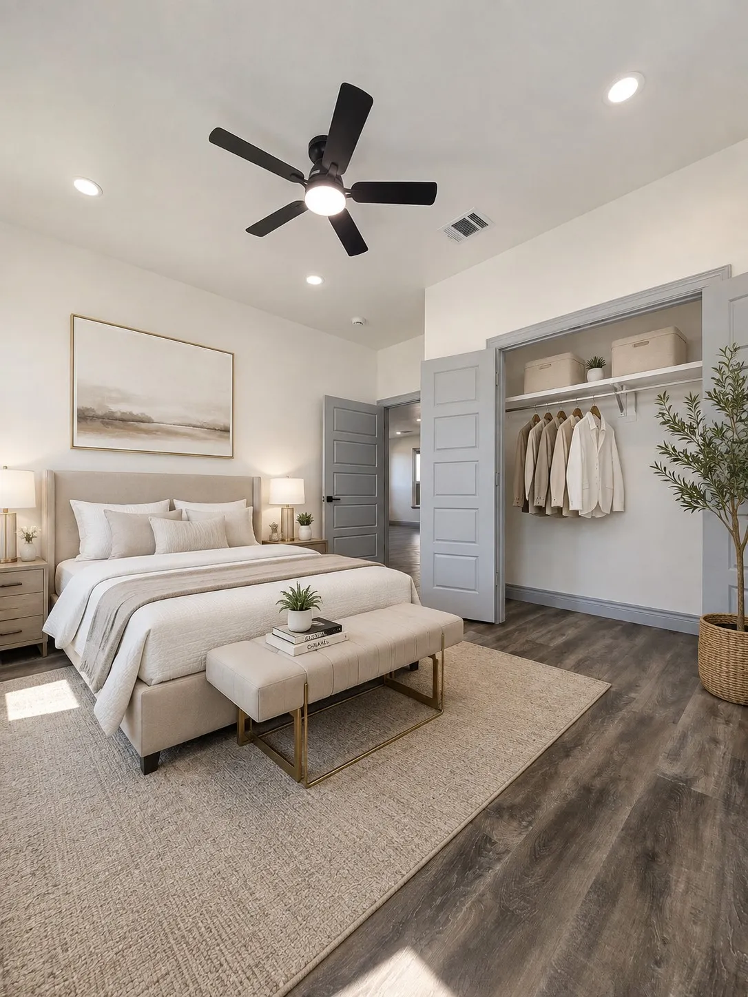 Bedroom interior featuring wood-finish flooring, recessed lighting, a matte black ceiling fan, and five-panel interior doors finished in slate gray