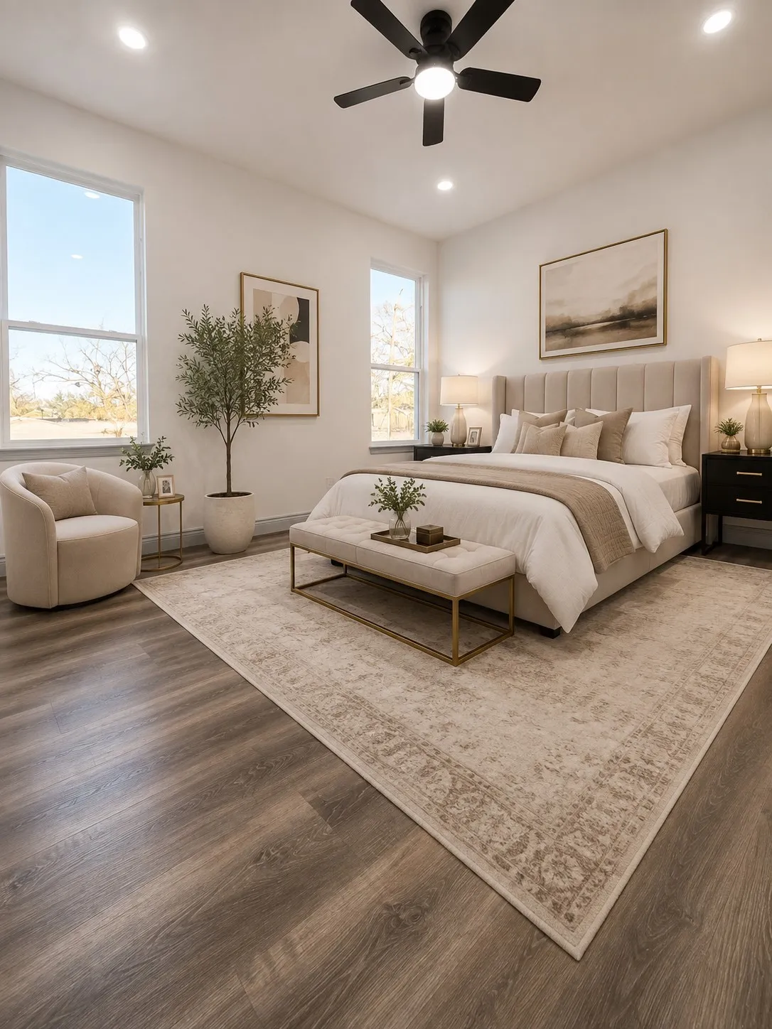 Wood-finish flooring, recessed lighting, multi-pane windows, and a matte black ceiling fan