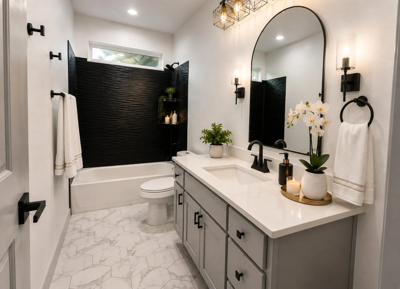Bathroom featuring a gray vanity with a stone countertop, an arched mirror, matte black fixtures, and a tub enclosure with textured black wall tile