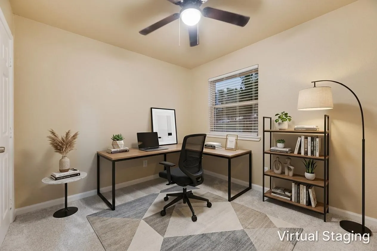 Neutral-toned walls, wall-to-wall carpeting, window with horizontal blinds, and ceiling fan with integrated light fixture