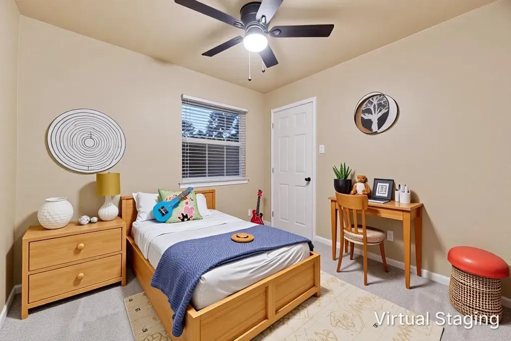 Neutral-toned room featuring carpeting, a multi-blade ceiling fan with integrated lighting, and a window with horizontal blinds