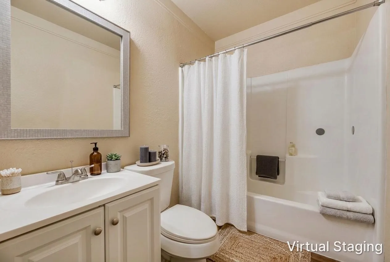 Bathroom featuring a white vanity cabinet with an integrated sink, polished chrome faucet, framed mirror, and a white tub and shower combination