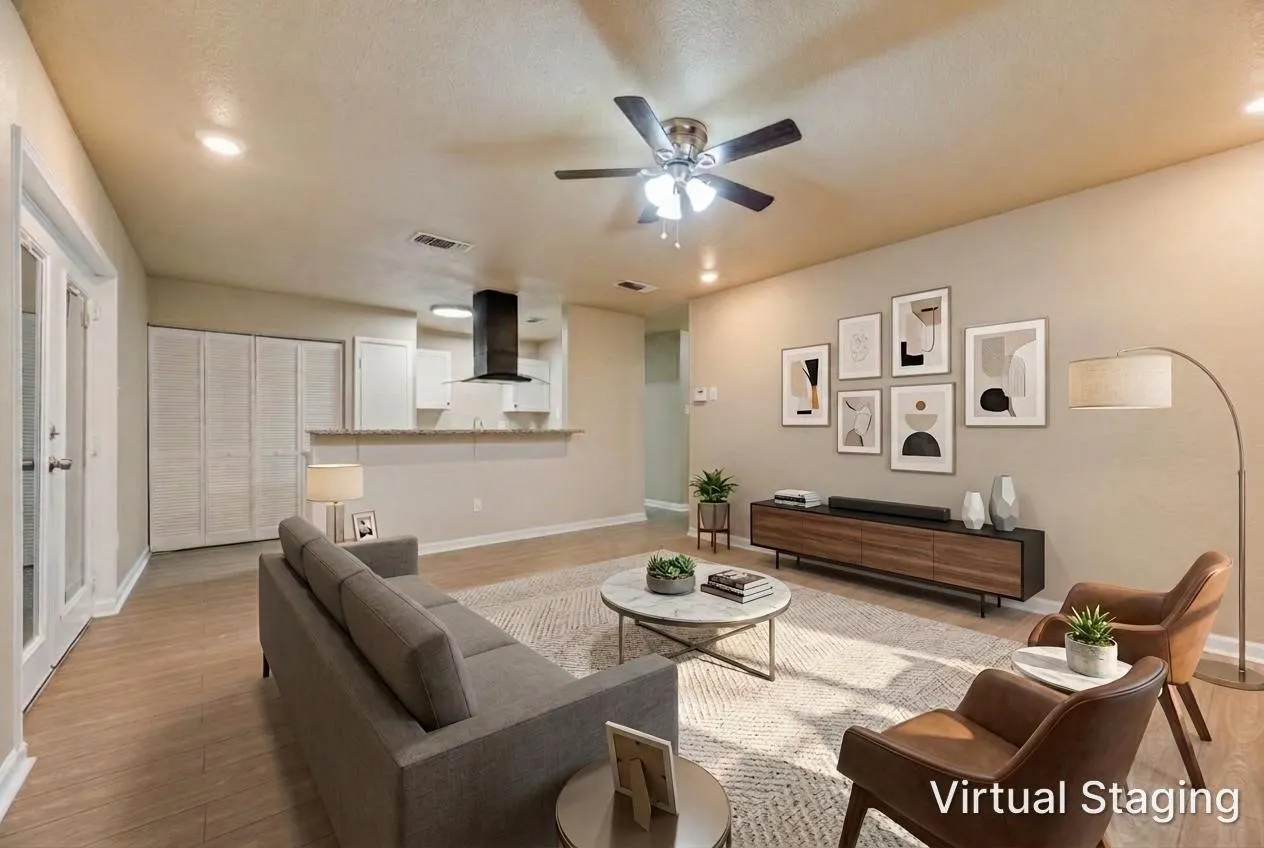 Open-concept area featuring wood-finish flooring, recessed lighting, a ceiling fan, and a kitchen pass-through window with a countertop overhang