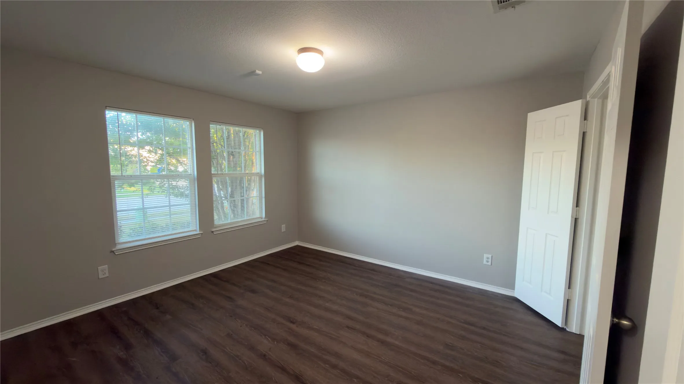 Room featuring wood-finish flooring, neutral wall paint, two dual-pane windows with muntins, and a six-panel interior door
