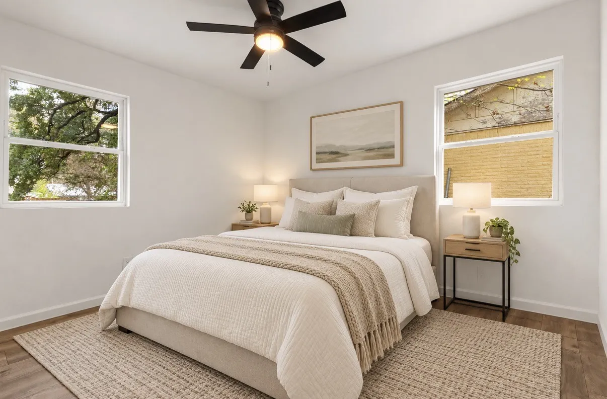Neutral-toned room featuring wood-finish flooring, dual windows, and a matte black ceiling fan with integrated lighting virtually staged