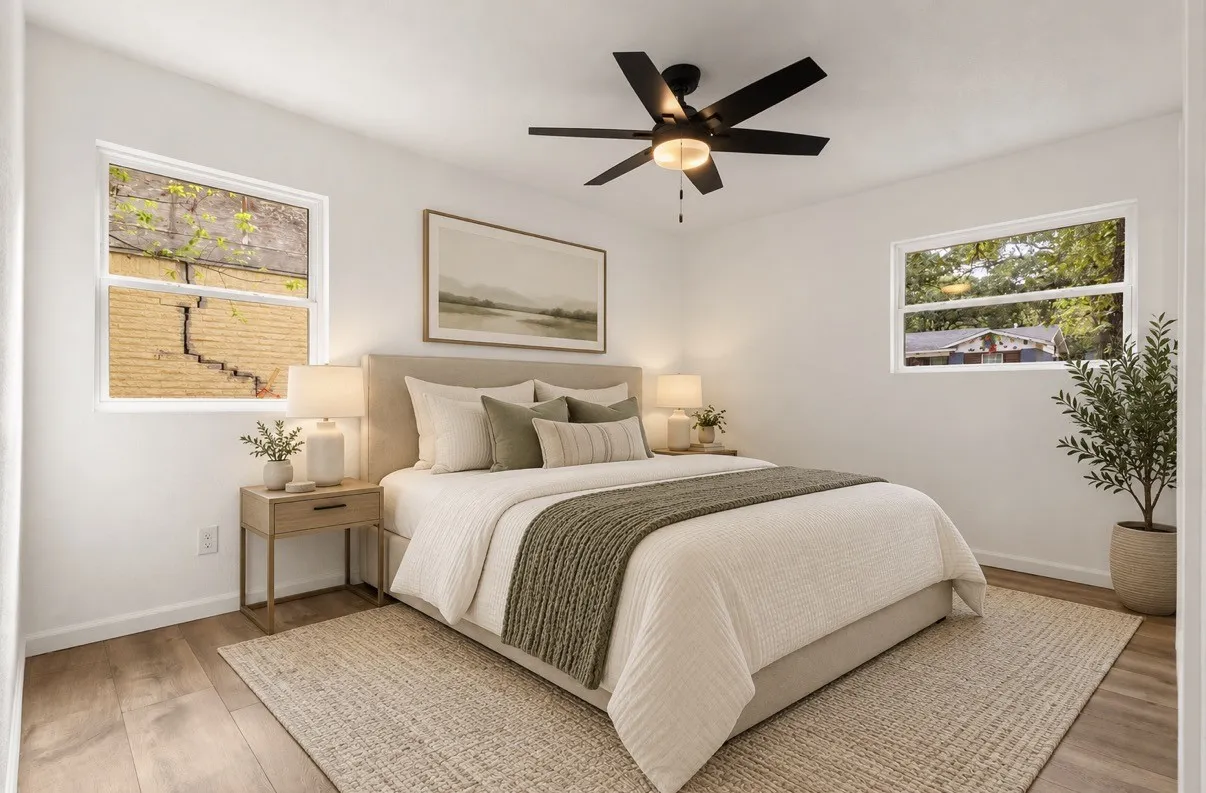 Bedroom featuring wood-finish flooring, dual windows providing natural light, and a black ceiling fan with integrated lighting virtually staged