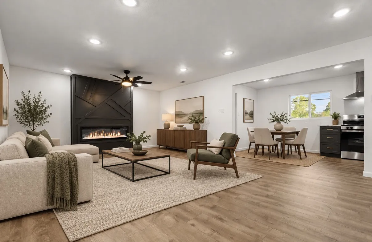Living area featuring wood-finish flooring, recessed lighting, and a black geometric fireplace surround with an integrated linear firebox virtually staged