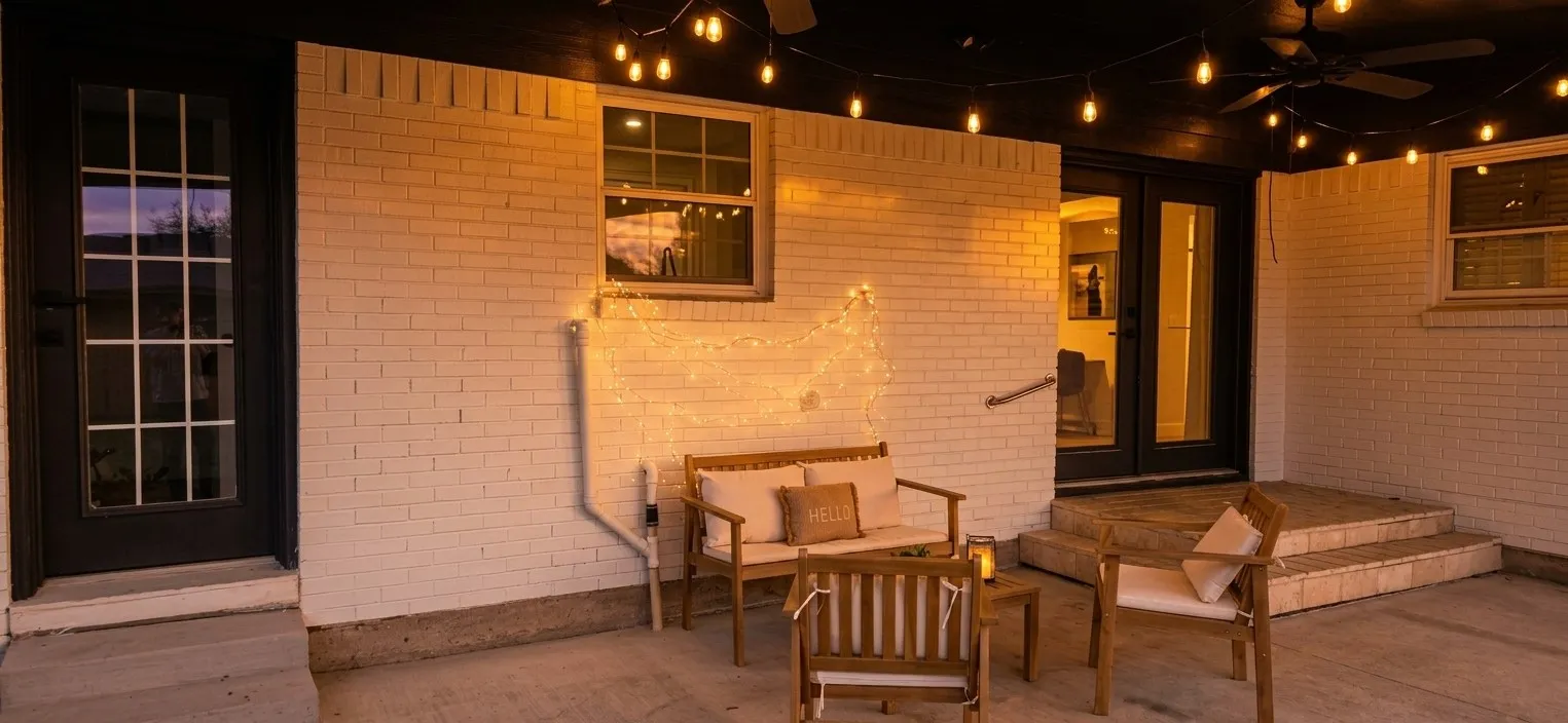 Covered patio featuring white brick exterior walls, dual glass-paned entry doors, a multi-pane single entry door, and stone-surfaced steps