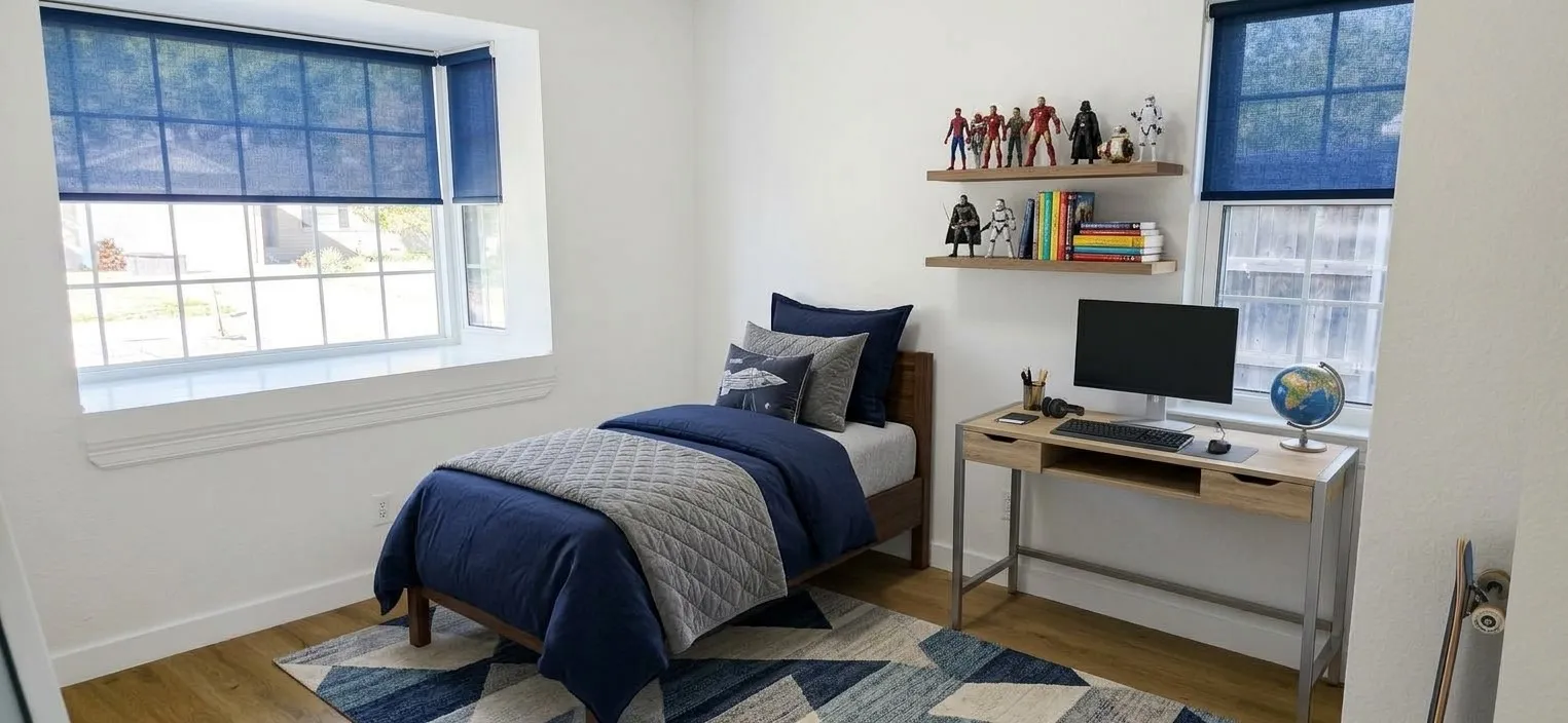 Room featuring wood-finish flooring, a large bay window, a standard window, and two wall-mounted floating shelves