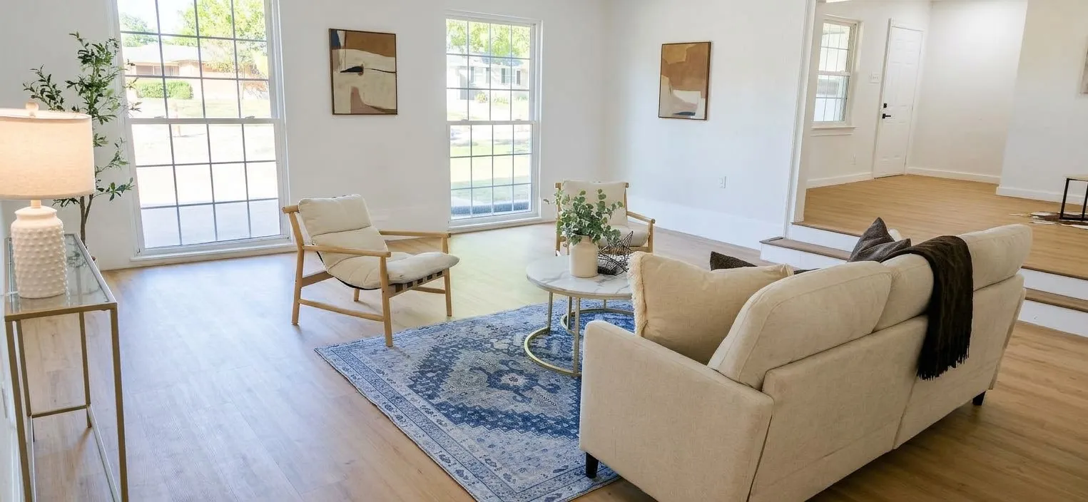 Bright living area featuring wood-finish flooring, multi-pane windows, and a raised platform level