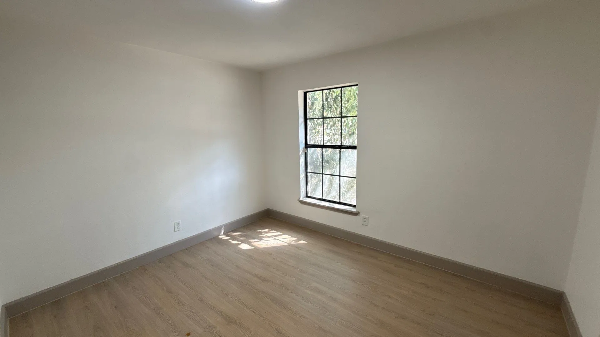 Neutral-toned walls, wood-finish flooring, and a single-hung window with a dark-finish frame