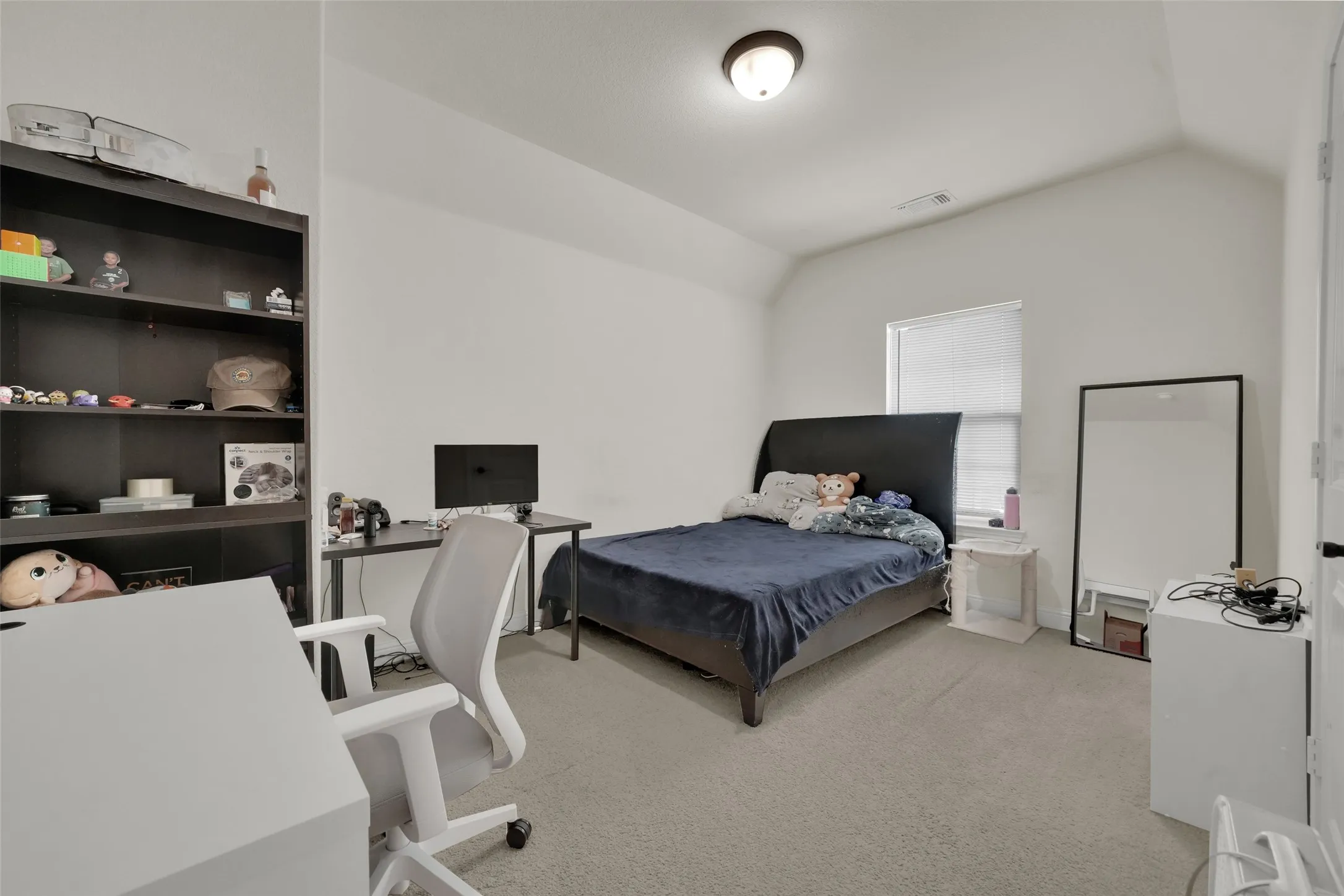 Bedroom featuring neutral carpeting, a vaulted ceiling, a single window with fitted blinds, and a built-in recessed shelving unit