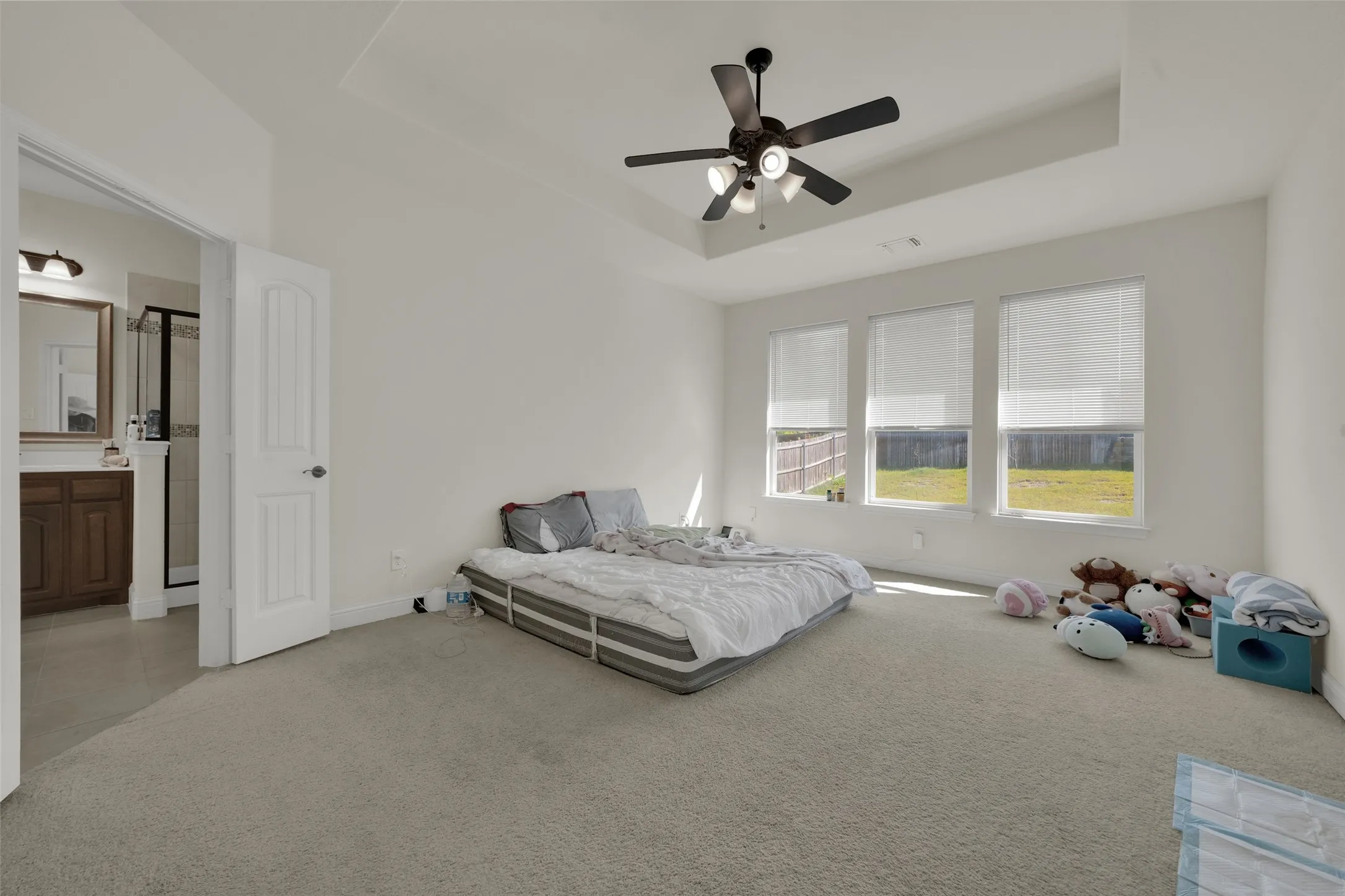 Tray ceiling with a central multi-blade ceiling fan, neutral carpeting, and three windows providing natural illumination