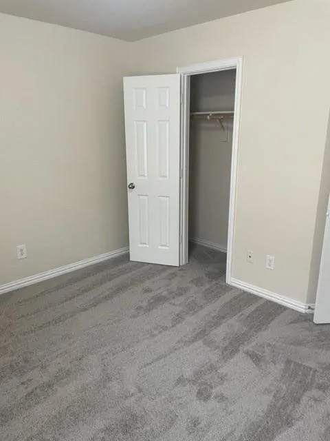 Neutral-toned interior space featuring plush carpeting, a six-panel swing door, and a built-in closet with overhead shelving and a hanging rod