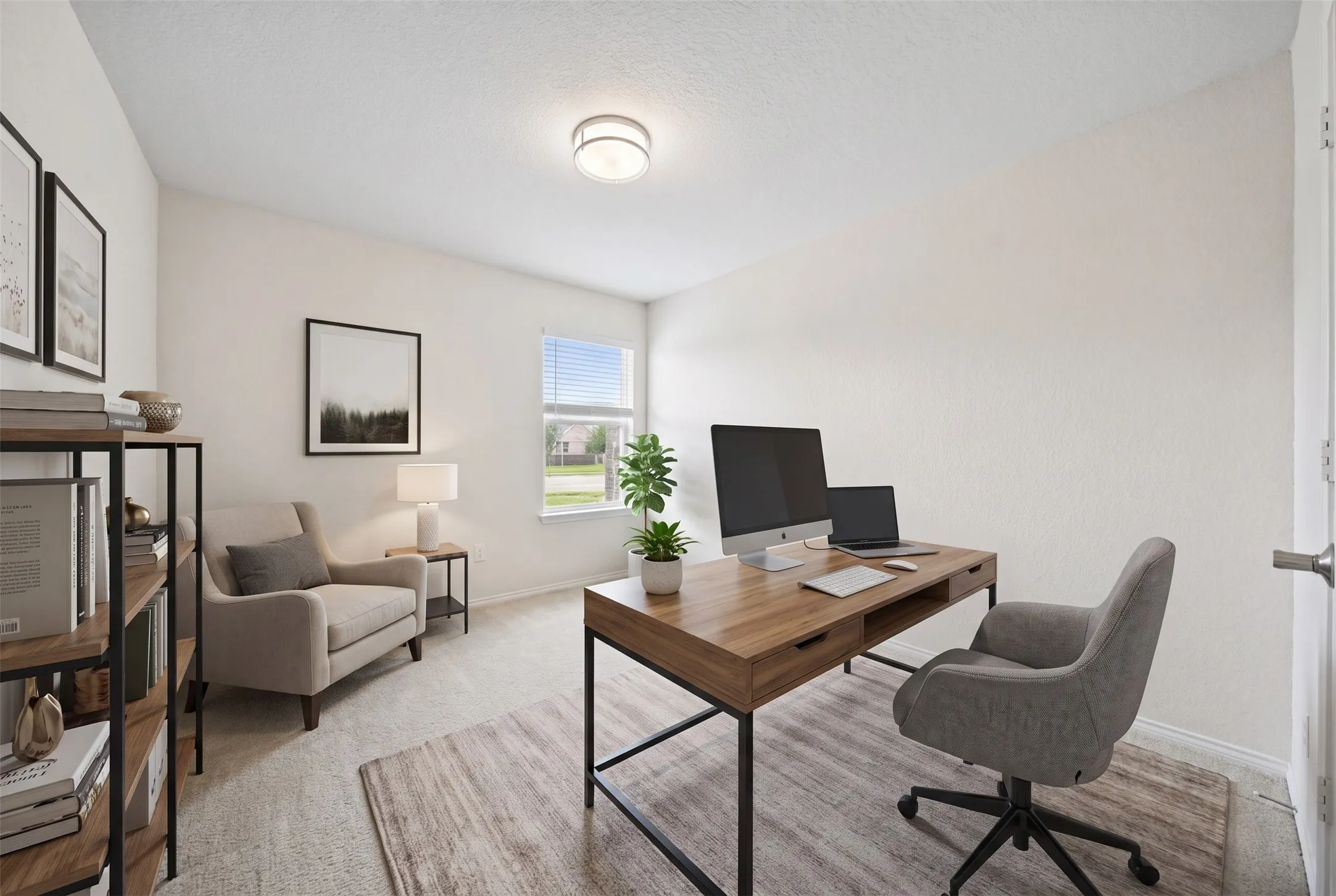 Neutral-toned room featuring wall-to-wall carpeting, a single-hung window, and a flush-mount ceiling light fixture