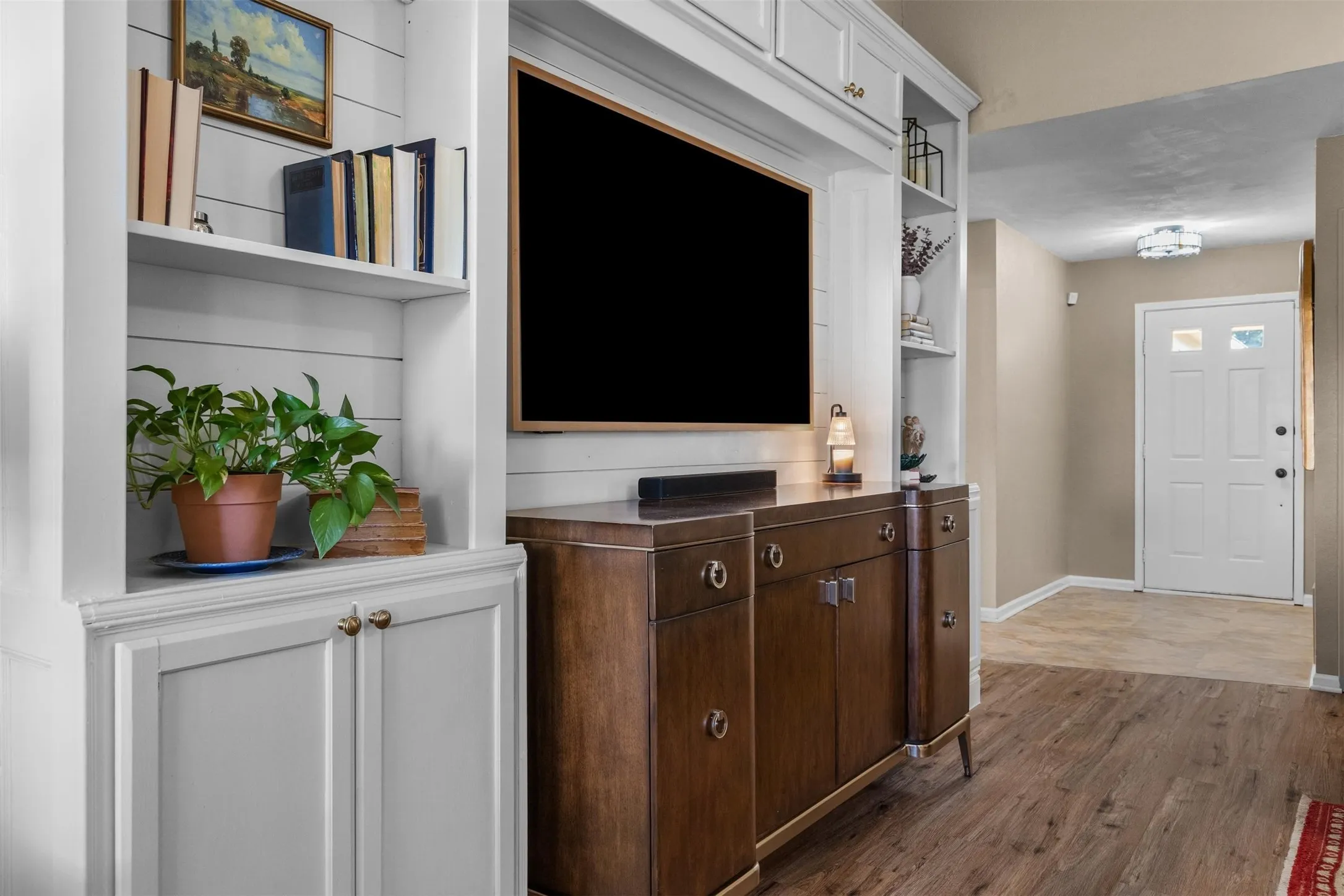 Built-in shelves and cabinets give you real storage.