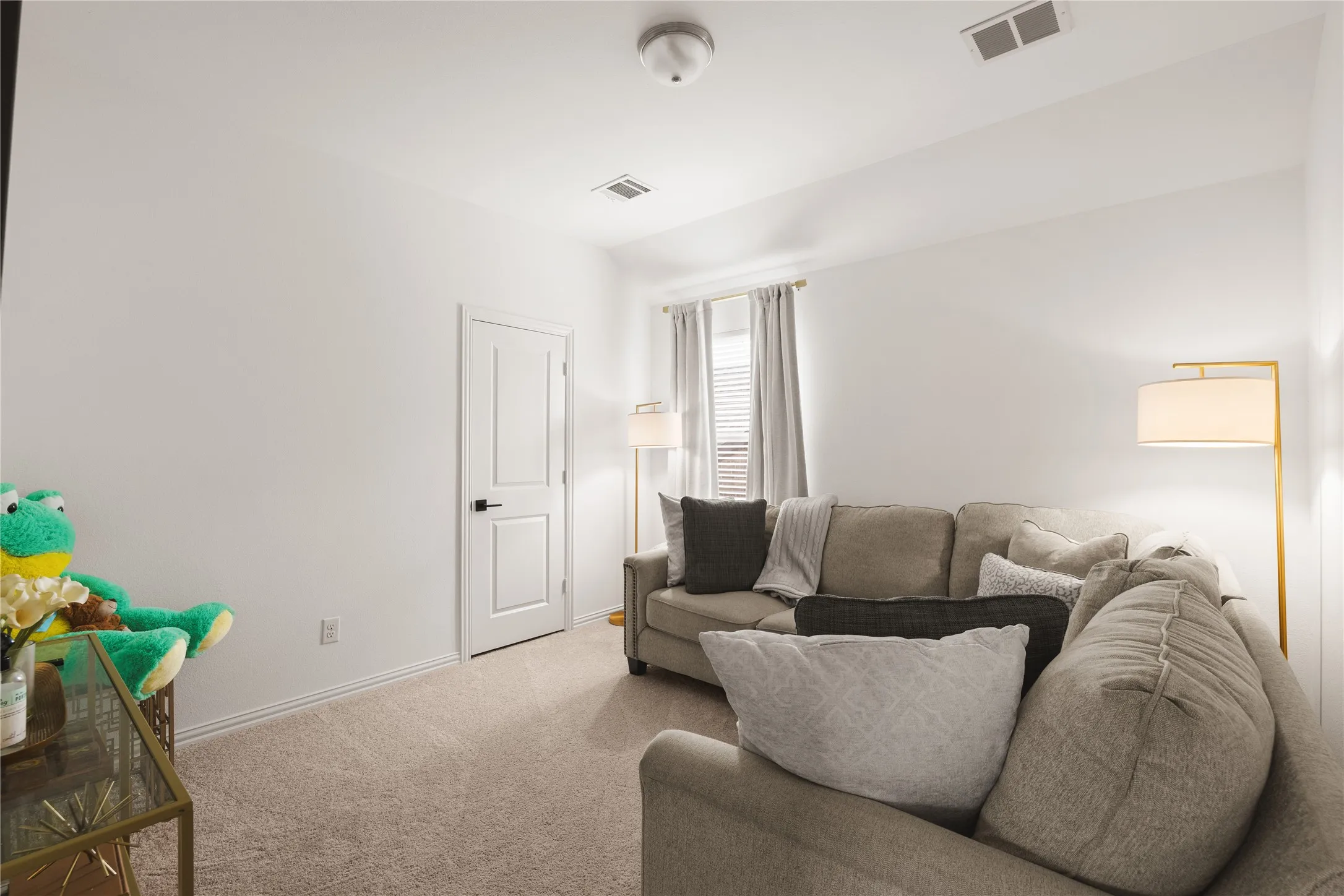 Neutral-toned carpeted flooring, white walls, and a single-panel interior door featuring a matte black handle