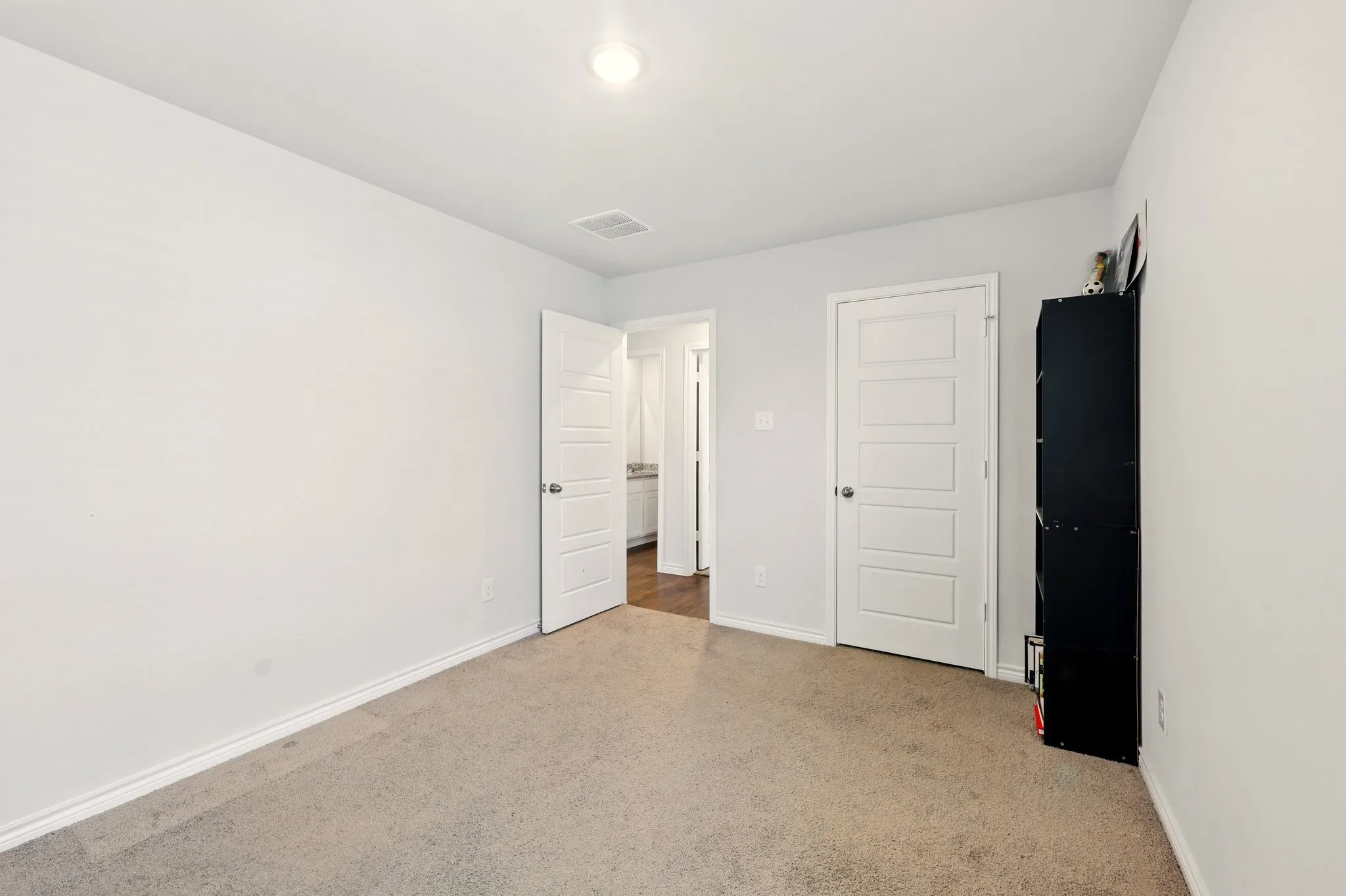 Neutral-toned carpeting throughout the space, bright white wall paint, and white paneled interior doors