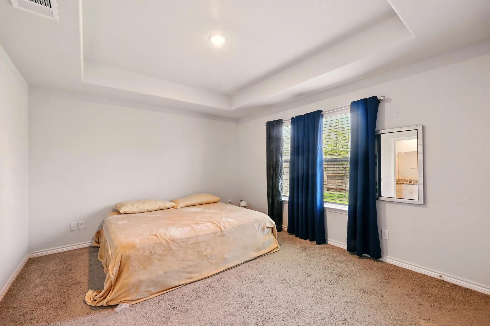 Tray ceiling, recessed lighting, white walls, carpeted flooring, and multiple windows